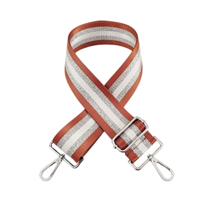 Detail of adjustable wide shoulder strap with silver hardware and colorful striped webbing