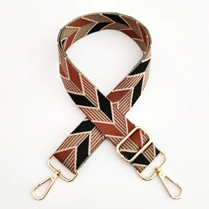 Detail of colorful jacquard wide strap with golden metal lobster clasps and buckle