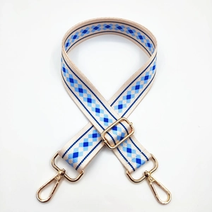 Adjustable retro ethnic style purse strap with blue geometric diamond patterns and gold clips
