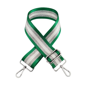 Detail of 5cm wide green and silver striped replacement shoulder strap with metal swivel hooks