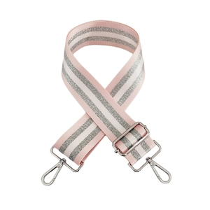Detail of pink and silver striped nylon wide shoulder strap with metal swivel hooks