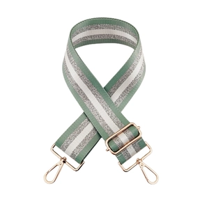 Detail of adjustable 5cm wide gray and silver striped strap with gold lobster clasps