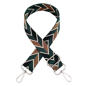 Adjustable wide jacquard bag strap with vintage geometric pattern and silver metal clips