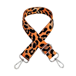 Macro detail of leopard print wide replacement shoulder strap with silver metal buckle