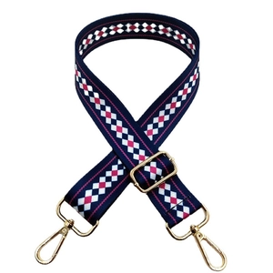 Ethnic style adjustable navy blue guitar strap for crossbody bags with gold buckles
