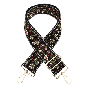 Ethnic bohemian embroidered bag strap with colorful floral patterns and gold metal clips