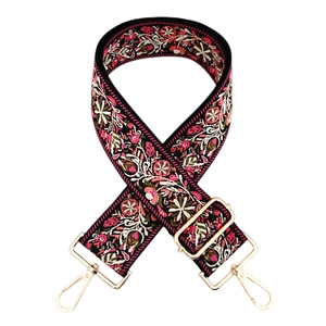 Ethnic wide bag strap with floral embroidery and adjustable gold metal hardware