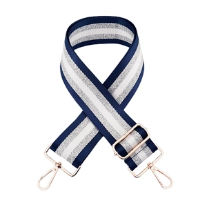 Detail of adjustable blue and silver striped nylon bag strap with gold metal hooks