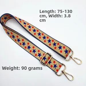 Detail of adjustable ethnic strap with red and blue star patterns and gold hooks