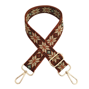 Detail of adjustable embroidered bag strap with ethnic geometric snowflake patterns