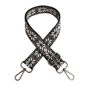 Detail of adjustable geometric jacquard strap with metal swivel hooks and buckle