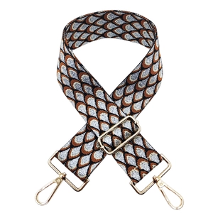 Detail of multi-color geometric jacquard bag strap with golden metal lobster clasps
