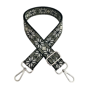 Detail of adjustable geometric jacquard bag strap with silver metal swivel lobster clasps