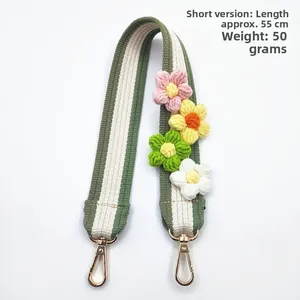 Short 55cm woven bag strap with colorful crochet flowers and gold lobster clasps