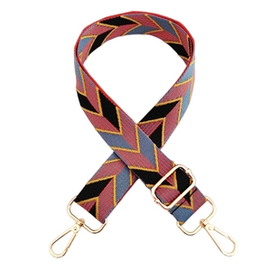 Detail of adjustable thick canvas strap with blue and red geometric V-shape embroidery