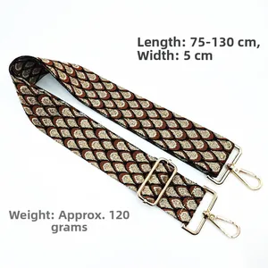 Detail of adjustable 5cm jacquard bag strap with peacock scale pattern and gold hardware