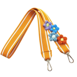 3.8cm wide orange striped bag strap with colorful handmade crochet flowers and silver clips