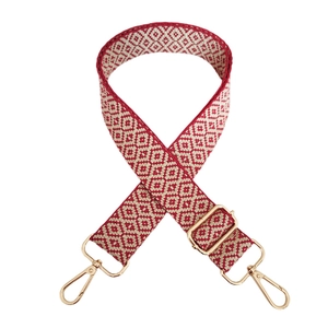 Adjustable crossbody shoulder strap with red diamond jacquard pattern and gold metal hooks