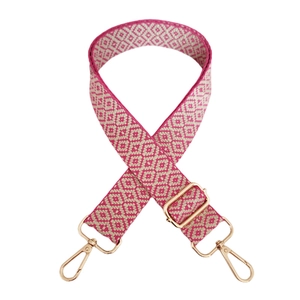 Adjustable geometric diamond jacquard bag strap with pink and white weave and gold buckles