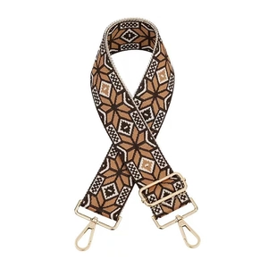 Detail of adjustable vintage jacquard bag strap with gold metal lobster clasps