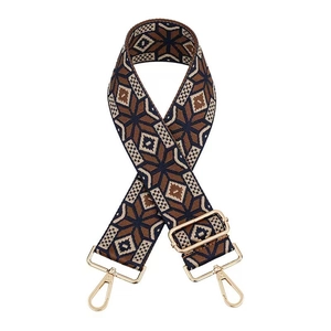 Close-up of ethnic geometric jacquard woven bag strap with golden metal lobster clasps