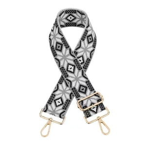 Detail of 5cm wide jacquard strap with geometric pattern and gold adjustable buckle