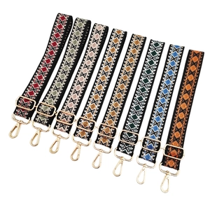 Adjustable jacquard bag straps with colorful diamond patterns and gold metal buckles
