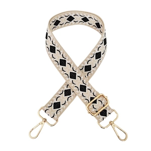 Thick jacquard woven shoulder strap with black diamond pattern and gold metal hooks