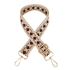 Detail of colorful geometric diamond jacquard bag strap with gold metal swivel hooks