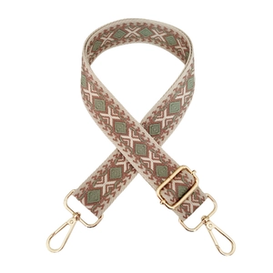 Close-up of geometric jacquard weave pattern on thickened strap with gold metal buckle