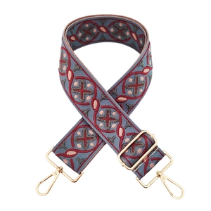 Ethnic blue jacquard shoulder strap with red embroidery and gold metal lobster clasps