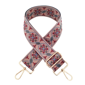 Ethnic wide embroidered shoulder strap with colorful geometric patterns and gold metal hooks