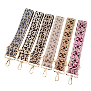 Adjustable woven jacquard bag straps with ethnic patterns and golden metal hooks
