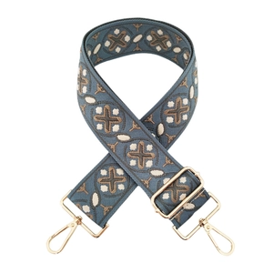 Adjustable wide jacquard embroidery bag strap with ethnic patterns and gold metal clips