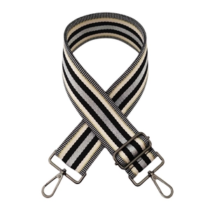 Adjustable wide striped woven bag strap with metallic gold thread and metal snap hooks