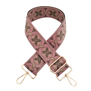 Adjustable retro wide floral embroidery bag strap with gold metal hardware on white background