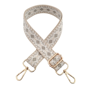 Close-up of geometric diamond weave pattern and gold lobster clasp on wide bag strap
