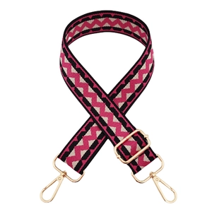 Detail of 3.8cm colorful zigzag woven canvas bag strap with gold metal buckles