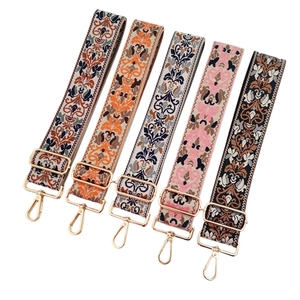 Five vintage ethnic jacquard embroidered wide bag straps with gold metal hooks and buckles