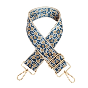 Detail of colorful jacquard wide bag strap with gold metal lobster clasps and buckle