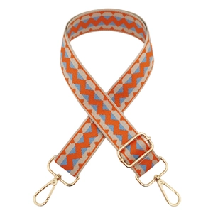 Adjustable wide shoulder strap with orange and blue wave patterns and gold hooks