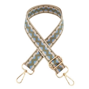 Detail of adjustable blue and olive canvas strap with gold swivel hooks and zig-zag pattern