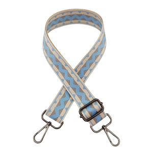 Close-up of wavy pattern woven strap with gun-black metal lobster buckles and adjuster