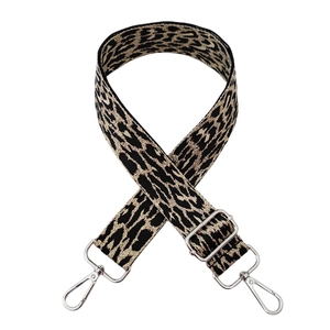 Detailed view of leopard print wide strap with silver metal swivel lobster clasps