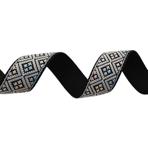 Bohemian adjustable embroidered bag strap with blue geometric diamond patterns