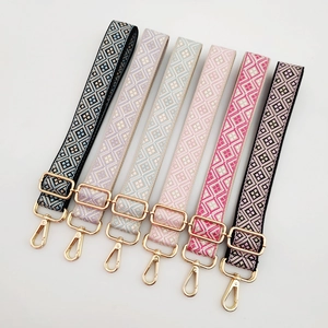Detail of colorful geometric jacquard weaving patterns and gold swivel metal hooks on straps