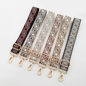 Macro detail of colorful jacquard patterns on wide shoulder straps with gold metal hooks