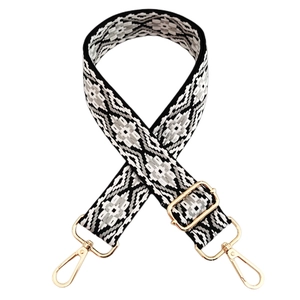 Detail of adjustable 3.8cm jacquard bag strap with geometric patterns and gold clips