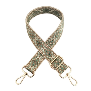 Detail of 3.8cm jacquard woven strap with vintage geometric patterns and gold metal hooks
