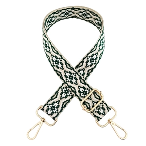 Detail of jacquard geometric pattern strap with adjustable golden metal lobster clasps